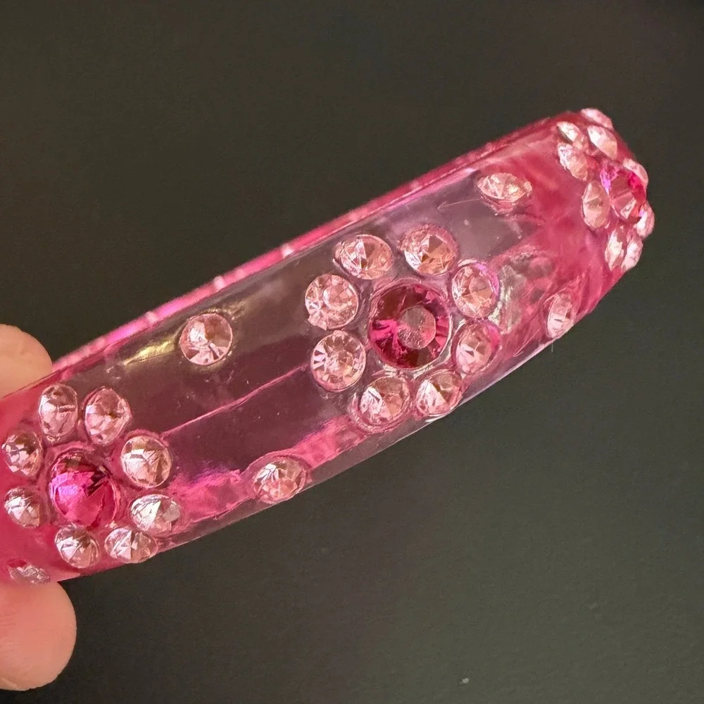 Vintage Bangle Bracelet Lucite Rhinestone Pink